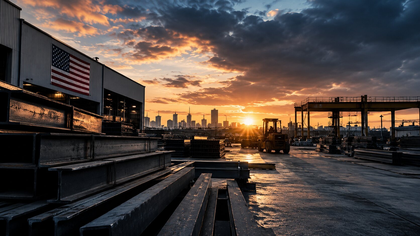 Steel beams at a metals yard at sunset, with an American flag.