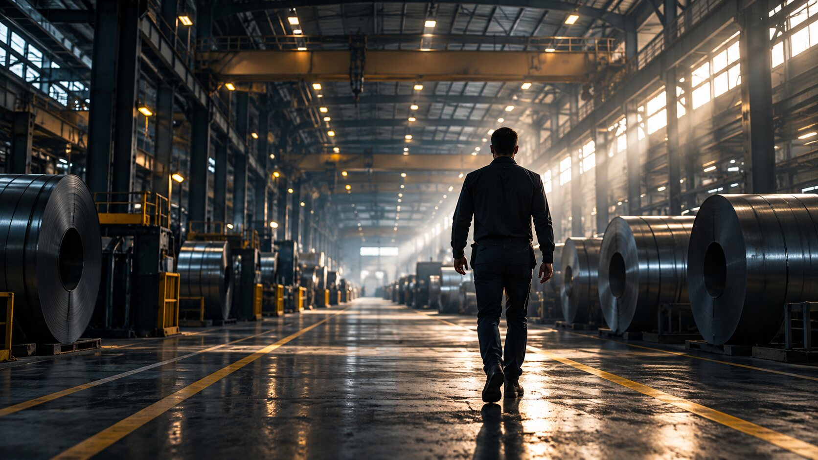 A commercial professional walking through a steel mill.
