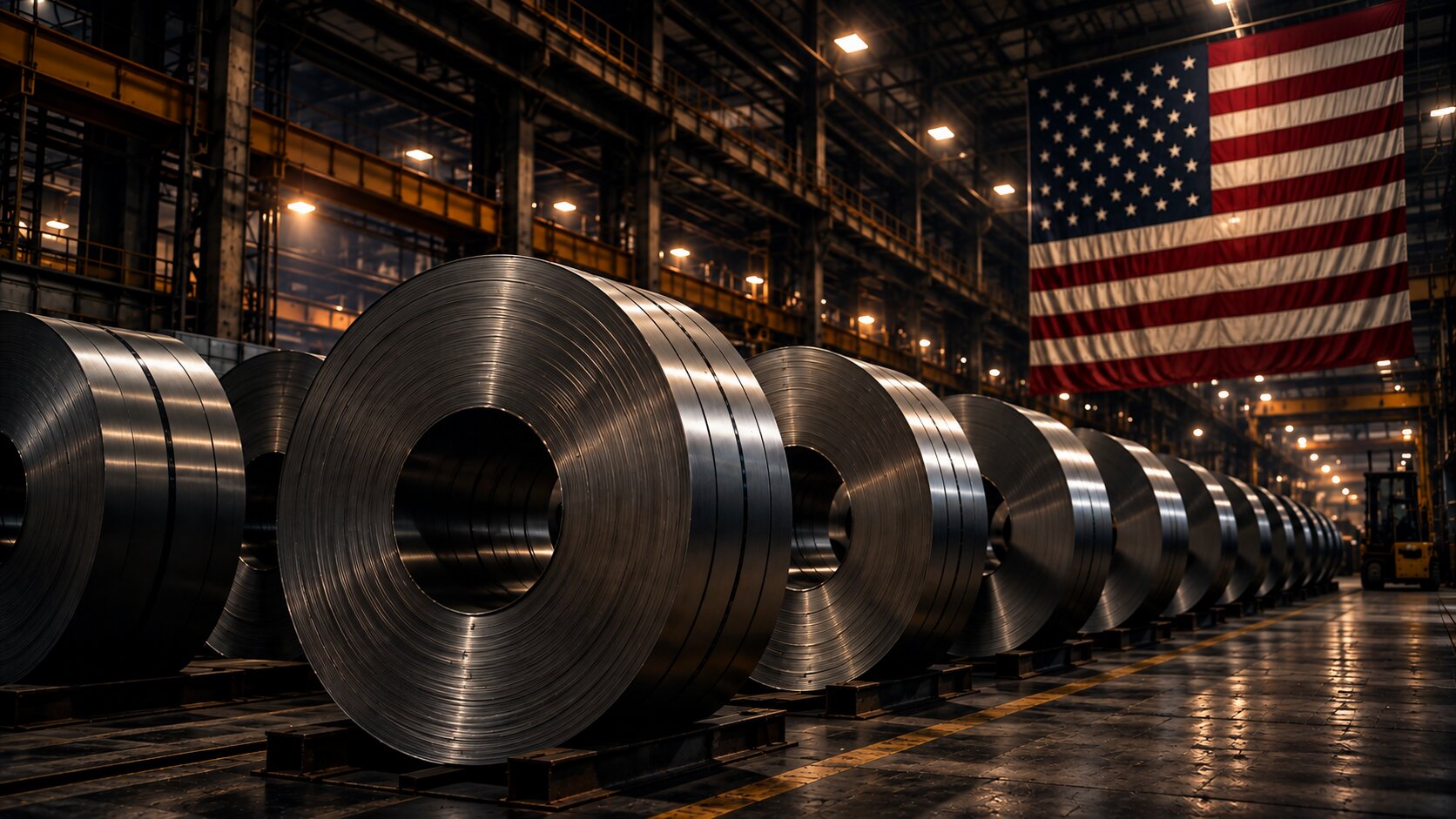 Steel coils in an industrial warehouse with an American flag.