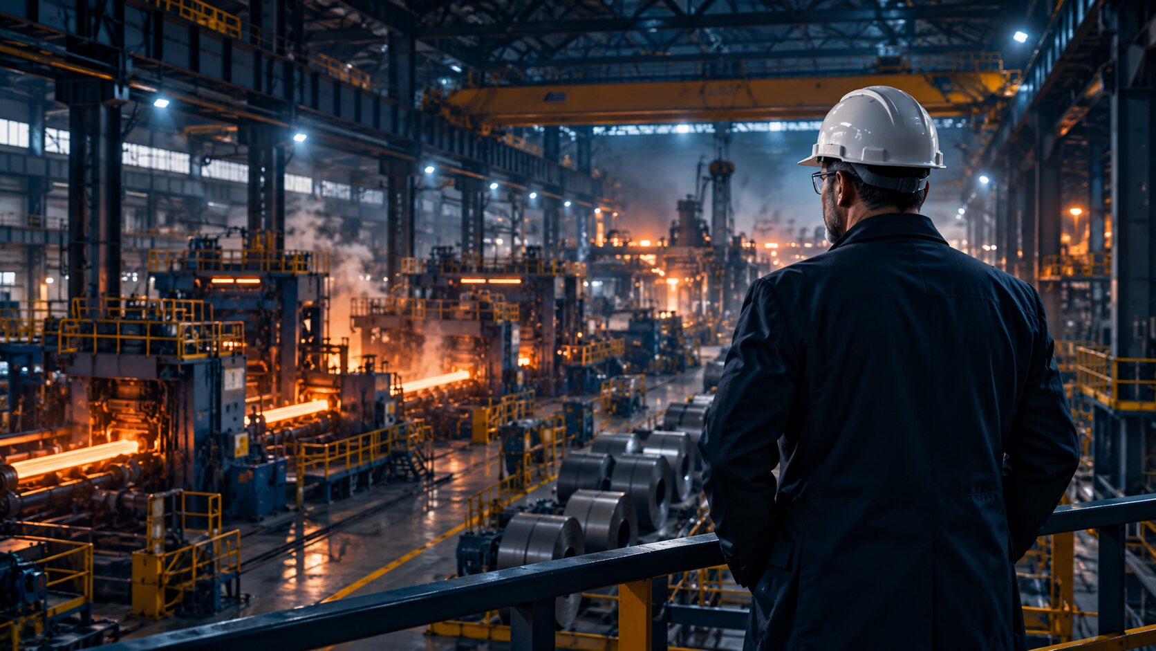 An industrial leader in a hard hat overlooking a steel mill floor.