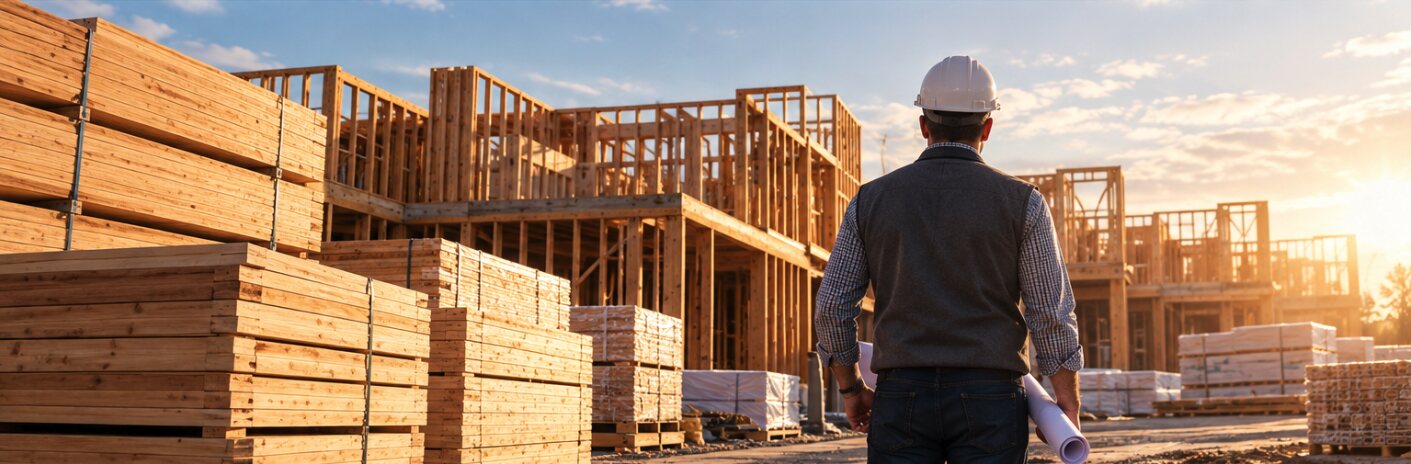 Lumber and framing materials at a residential construction site.