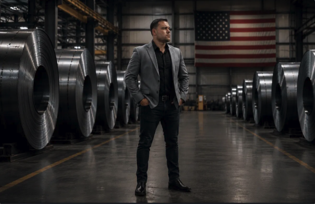 Tyler Rossi, founder of American Dream Search, standing among steel coils.